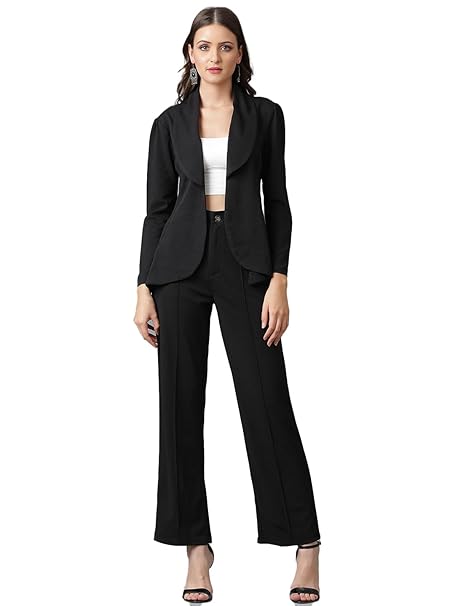 Women's Solid Relaxed Fit 3/4 Sleeve Co-ord Blazer and Trouser Set
