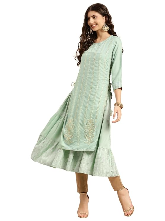 rangita Rayon Calf Length Embroidered Double Layered Kurti for Women | Kurta for Women