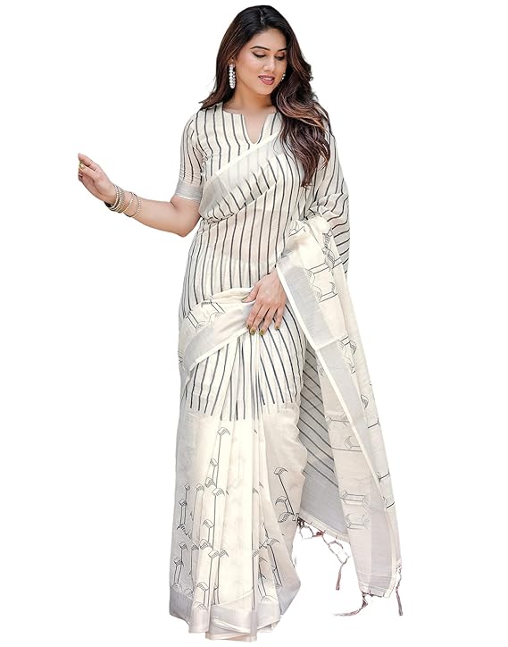 Cotton Linen Printed Saree with Unstitched Blouse Piece