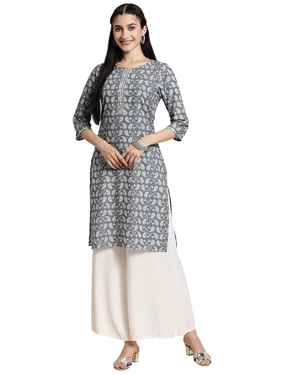 rangita Dark Grey Cotton Knee Length Printed Straight Kurti for Women | Kurta for Women