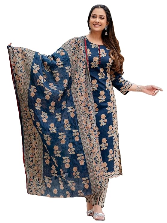 GoSriKi Women's Rayon Blend Straight Printed Kurta with Pant & Dupatta