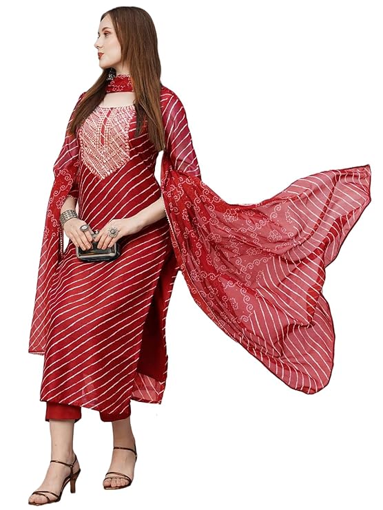 Cotton Blend Straight Printed Kurta with Pant & Dupatta