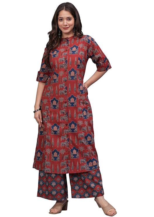 Cotton Printed A-Line Kurta Set with Palazzo Pants