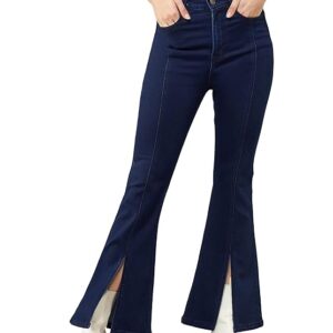 Women's Navy Blue Bootcut High Rise Clean Look Regular Stretchable Denim Jeans